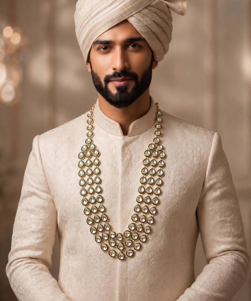 Green kundan sherwani necklace – elegant groom wedding jewellery