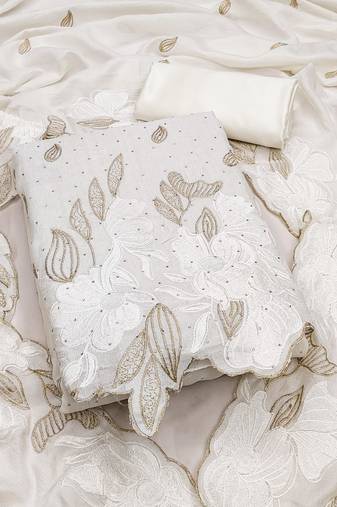 women's white unstitched vichitra silk dress material with embroidered dupatta