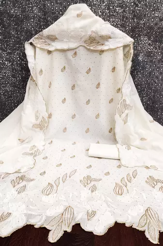women's white unstitched vichitra silk dress material with embroidered dupatta