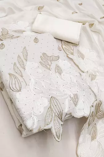 women's white unstitched vichitra silk dress material with embroidered dupatta