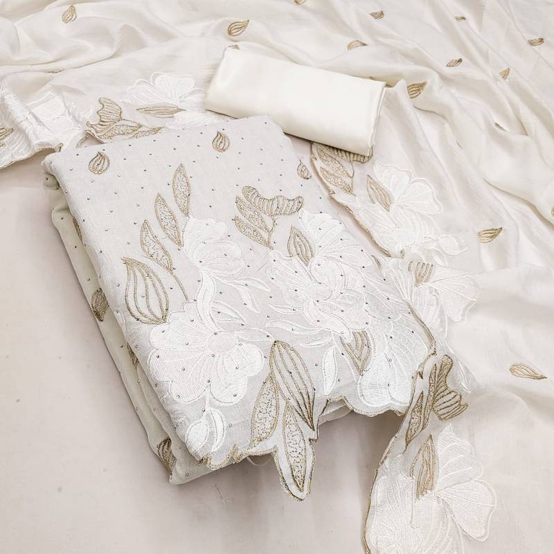 women's white unstitched vichitra silk dress material with embroidered dupatta