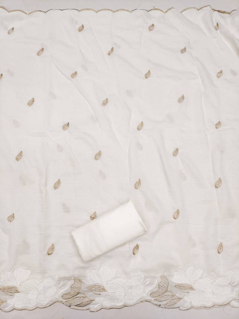 women's white unstitched vichitra silk dress material with embroidered dupatta