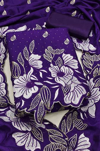 women's purple unstitched vichitra silk dress material with embroidered dupatta