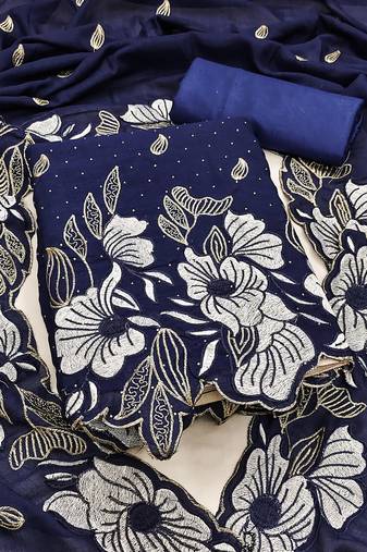 women's navy blue unstitched vichitra silk dress material & embroidered dupatta