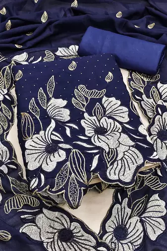 women's navy blue unstitched vichitra silk dress material & embroidered dupatta