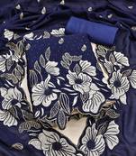 women's navy blue unstitched vichitra silk dress material & embroidered dupatta