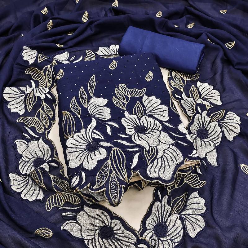 women's navy blue unstitched vichitra silk dress material & embroidered dupatta