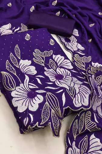 women's purple unstitched vichitra silk dress material with embroidered dupatta