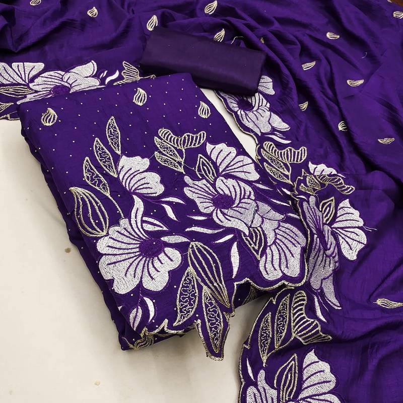 women's purple unstitched vichitra silk dress material with embroidered dupatta