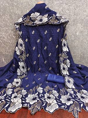 women's navy blue unstitched vichitra silk dress material & embroidered dupatta 2