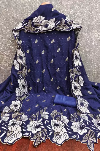 women's navy blue unstitched vichitra silk dress material & embroidered dupatta