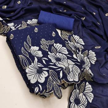 women's navy blue unstitched vichitra silk dress material & embroidered dupatta 3