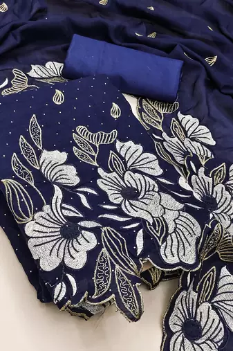 women's navy blue unstitched vichitra silk dress material & embroidered dupatta