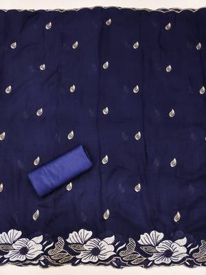 women's navy blue unstitched vichitra silk dress material & embroidered dupatta 4