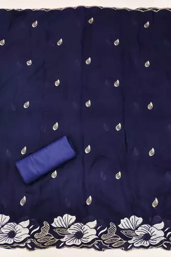 women's navy blue unstitched vichitra silk dress material & embroidered dupatta