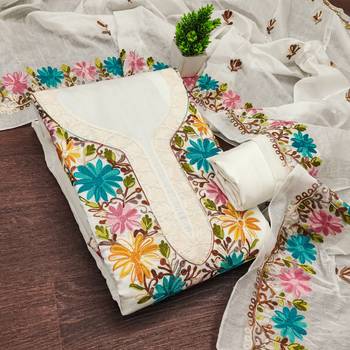 women's white unstitched roman silk dress material with embroidered dupatta 1