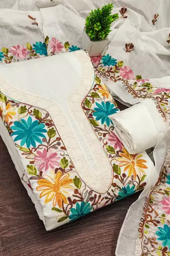 women's white unstitched roman silk dress material with embroidered dupatta