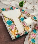 women's white unstitched roman silk dress material with embroidered dupatta