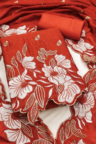 women's rust unstitched vichitra silk dress material with embroidered dupatta