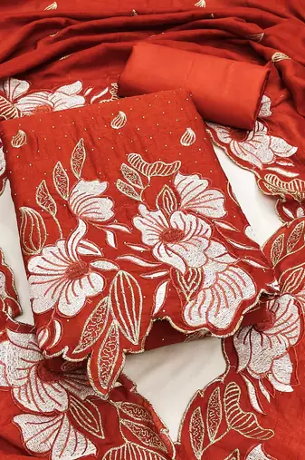 women's rust unstitched vichitra silk dress material with embroidered dupatta