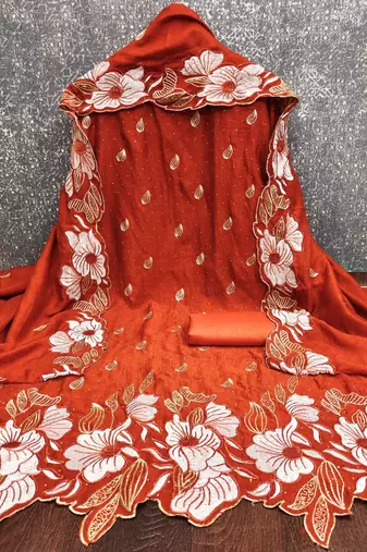 women's rust unstitched vichitra silk dress material with embroidered dupatta