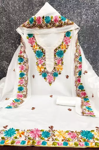 women's white unstitched roman silk dress material with embroidered dupatta