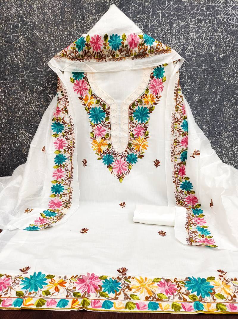 women's white unstitched roman silk dress material with embroidered dupatta