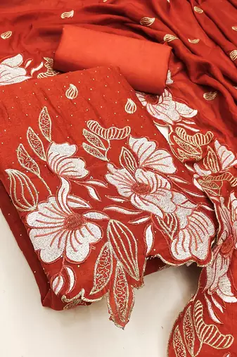 women's rust unstitched vichitra silk dress material with embroidered dupatta