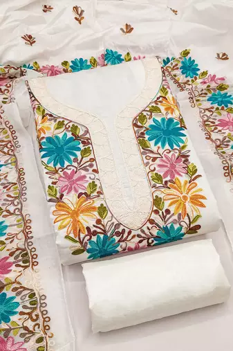 women's white unstitched roman silk dress material with embroidered dupatta