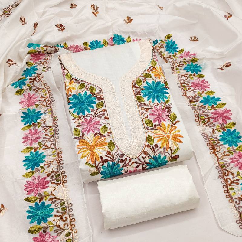 women's white unstitched roman silk dress material with embroidered dupatta