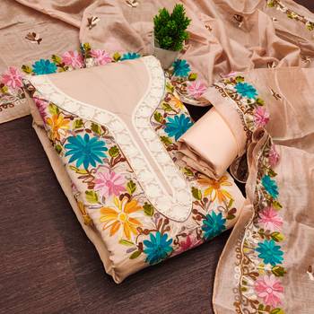 women's peach unstitched roman silk dress material with embroidered dupatta 1