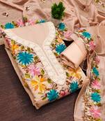 women's peach unstitched roman silk dress material with embroidered dupatta