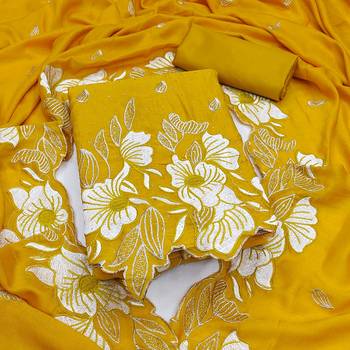 women's mustard unstitched vichitra silk dress material with embroidered dupatta 1