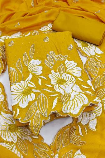women's mustard unstitched vichitra silk dress material with embroidered dupatta
