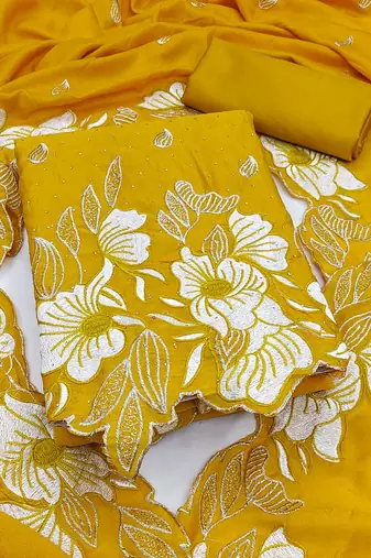 women's mustard unstitched vichitra silk dress material with embroidered dupatta