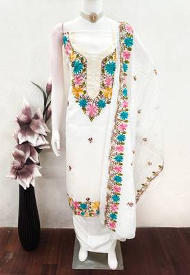women's white unstitched roman silk dress material with embroidered dupatta 4