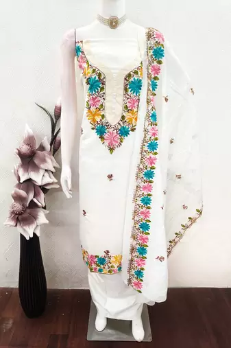 women's white unstitched roman silk dress material with embroidered dupatta
