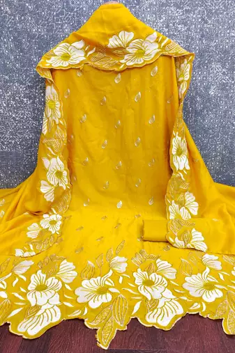 women's mustard unstitched vichitra silk dress material with embroidered dupatta