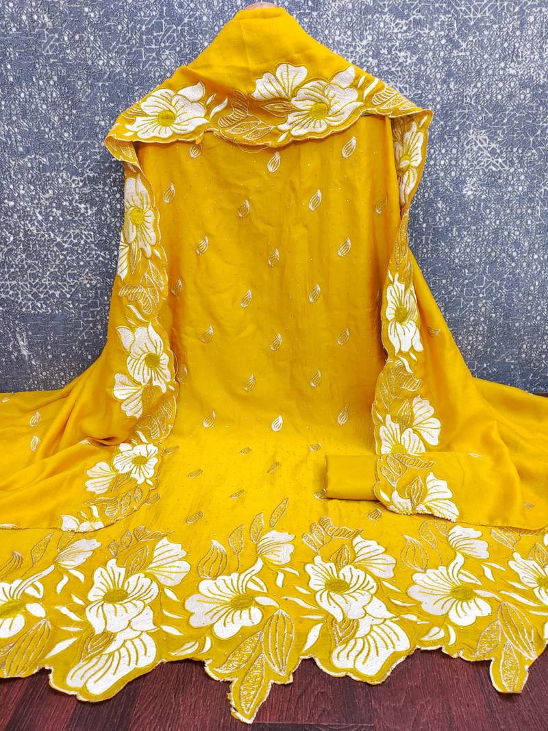 women's mustard unstitched vichitra silk dress material with embroidered dupatta