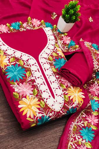 women's magenta unstitched roman silk dress material with embroidered dupatta
