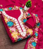 women's magenta unstitched roman silk dress material with embroidered dupatta