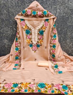 women's peach unstitched roman silk dress material with embroidered dupatta 2