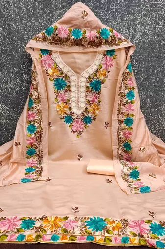 women's peach unstitched roman silk dress material with embroidered dupatta