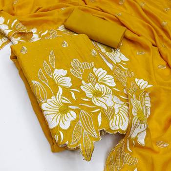 women's mustard unstitched vichitra silk dress material with embroidered dupatta 3