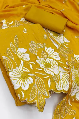 women's mustard unstitched vichitra silk dress material with embroidered dupatta