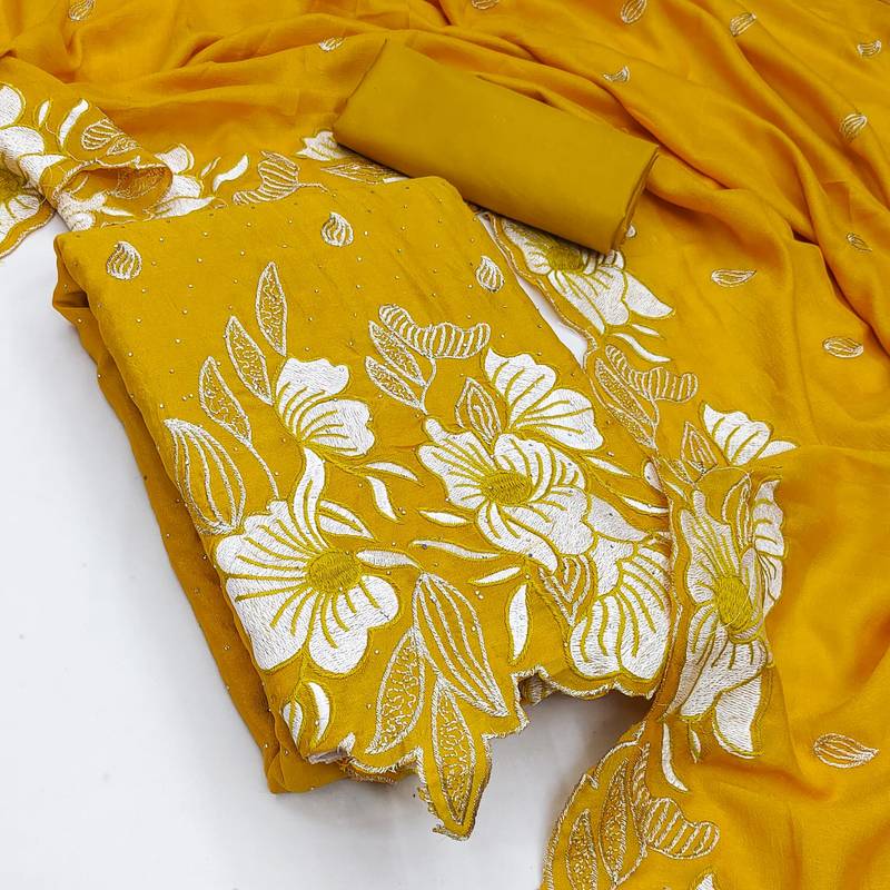 women's mustard unstitched vichitra silk dress material with embroidered dupatta