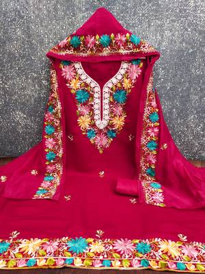 women's magenta unstitched roman silk dress material with embroidered dupatta 2