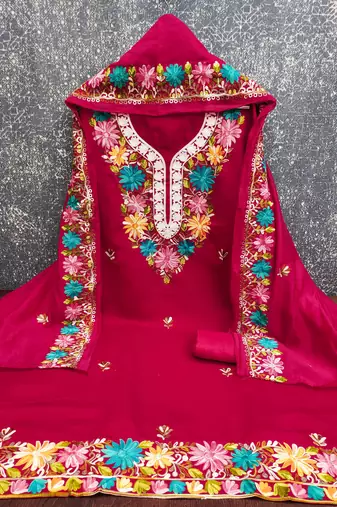 women's magenta unstitched roman silk dress material with embroidered dupatta