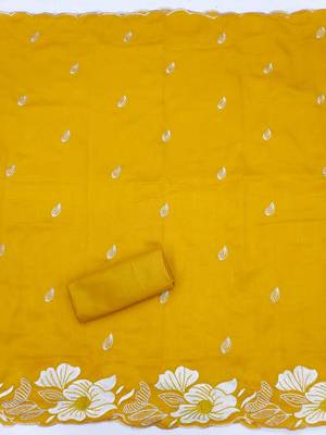 women's mustard unstitched vichitra silk dress material with embroidered dupatta 4