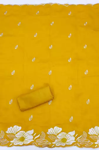 women's mustard unstitched vichitra silk dress material with embroidered dupatta